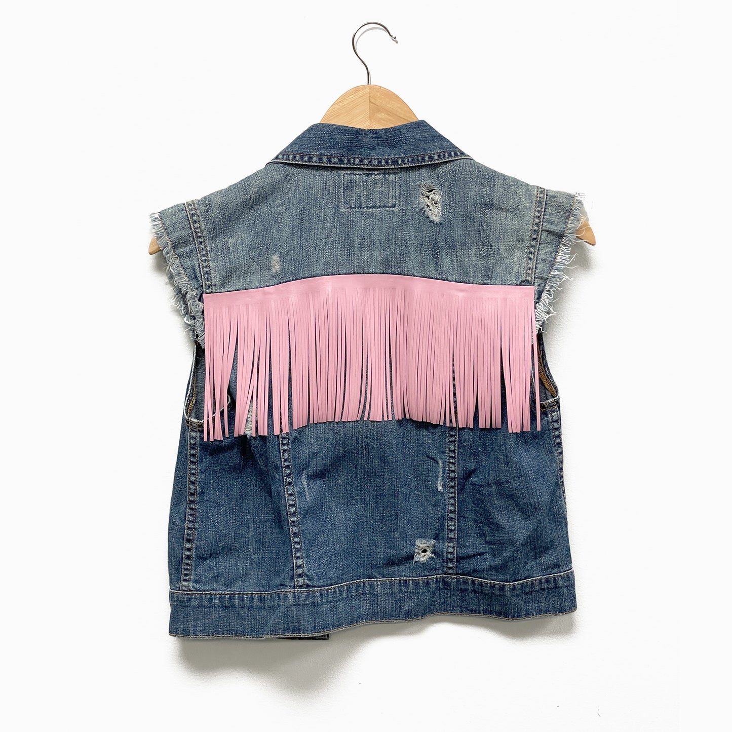Upcycled Vintage Denim Jacket/Vest With Pink Fringe Detail