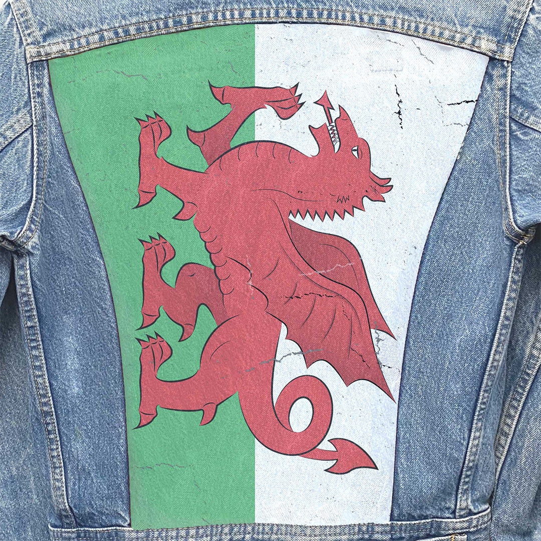 Upcycled Vintage Denim Jacket Flag Of Wales: The Red Dragon (Y Ddraig Goch)